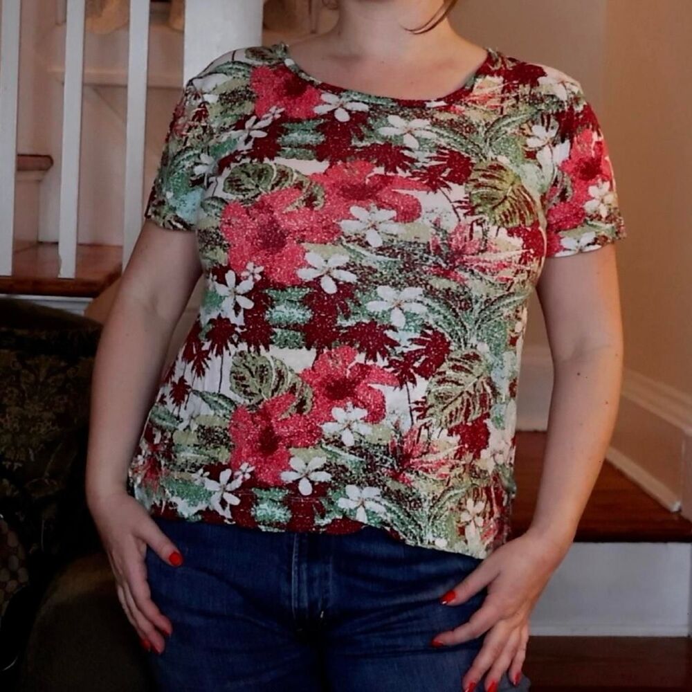 Linen Blend Floral Short Sleeve Top Pink White Green Sz Medium Paradise Shores